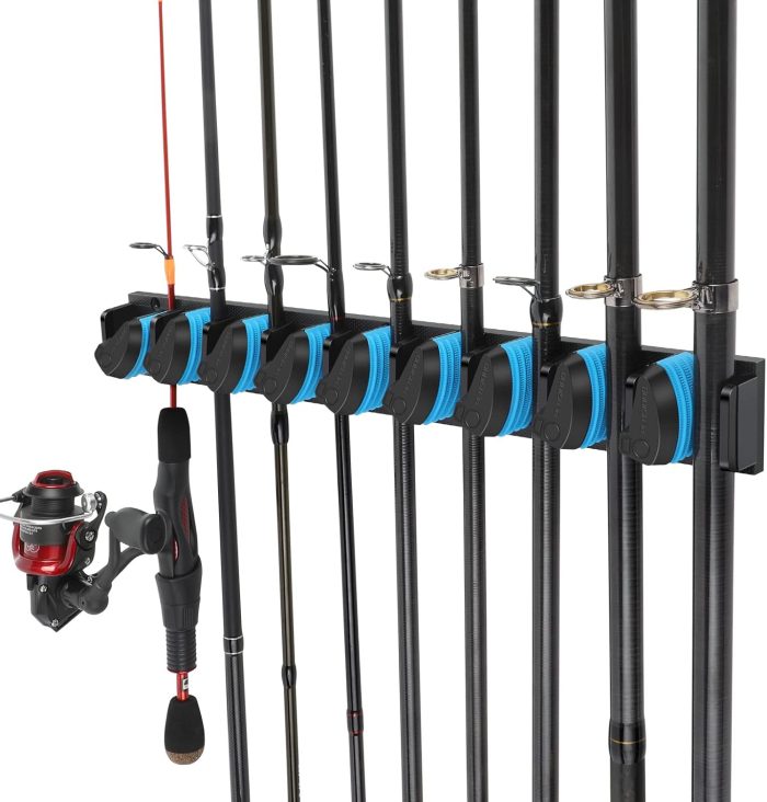 PLUSINNO Vertical Fishing Rod Holder, Wall Mounted Fishing Rod Rack, Fishing Pole Holder Holds Up to 9 Rods or Combos, Fishing Rod Holders for Garage, Fits Most Rods of Diameter 3-19mm - Image 2