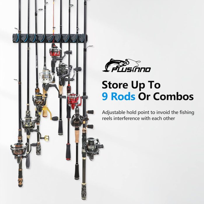 PLUSINNO Vertical Fishing Rod Holder, Wall Mounted Fishing Rod Rack, Fishing Pole Holder Holds Up to 9 Rods or Combos, Fishing Rod Holders for Garage, Fits Most Rods of Diameter 3-19mm - Image 3