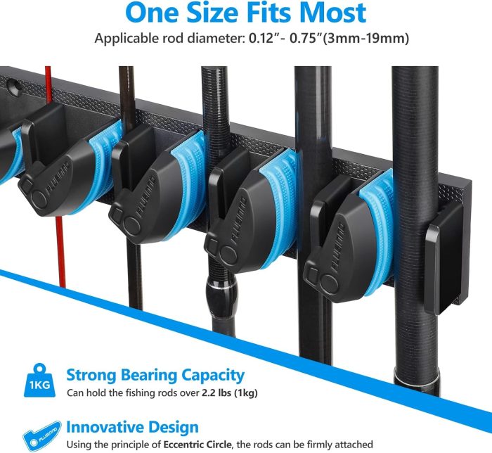 PLUSINNO Vertical Fishing Rod Holder, Wall Mounted Fishing Rod Rack, Fishing Pole Holder Holds Up to 9 Rods or Combos, Fishing Rod Holders for Garage, Fits Most Rods of Diameter 3-19mm - Image 4