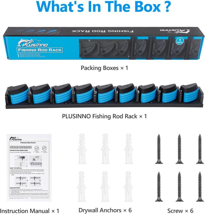 PLUSINNO Vertical Fishing Rod Holder, Wall Mounted Fishing Rod Rack, Fishing Pole Holder Holds Up to 9 Rods or Combos, Fishing Rod Holders for Garage, Fits Most Rods of Diameter 3-19mm - Image 6