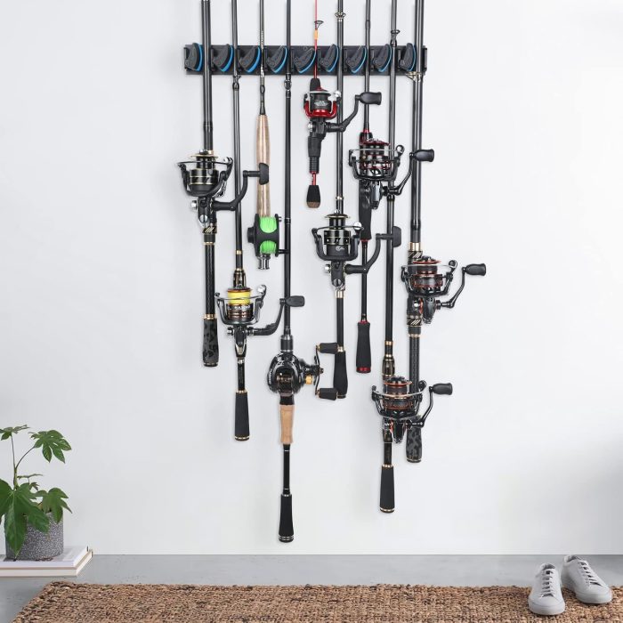 PLUSINNO Vertical Fishing Rod Holder, Wall Mounted Fishing Rod Rack, Fishing Pole Holder Holds Up to 9 Rods or Combos, Fishing Rod Holders for Garage, Fits Most Rods of Diameter 3-19mm - Image 7