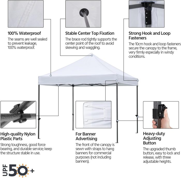 Yaheetech Canopy Tent, Commercial Instant Heavy Duty Canopy, 500D Waterproof Adjustable Canopy with Wheeled Carry Bag, 4 Sandbags and 4 Stakes (10x10, White) - Image 4